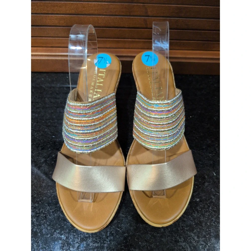 Italian Shoemakers Womens Gold Multi Metallic Striped Cork Wedge Sandals 7.5